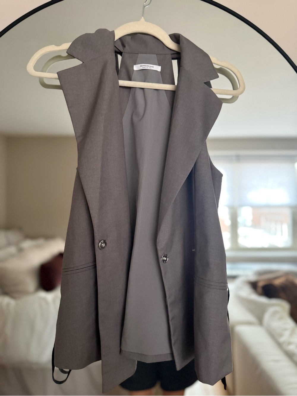 Peppermayo XS Sleeveless Blazer Vest - Gray with black leather material tie belt
